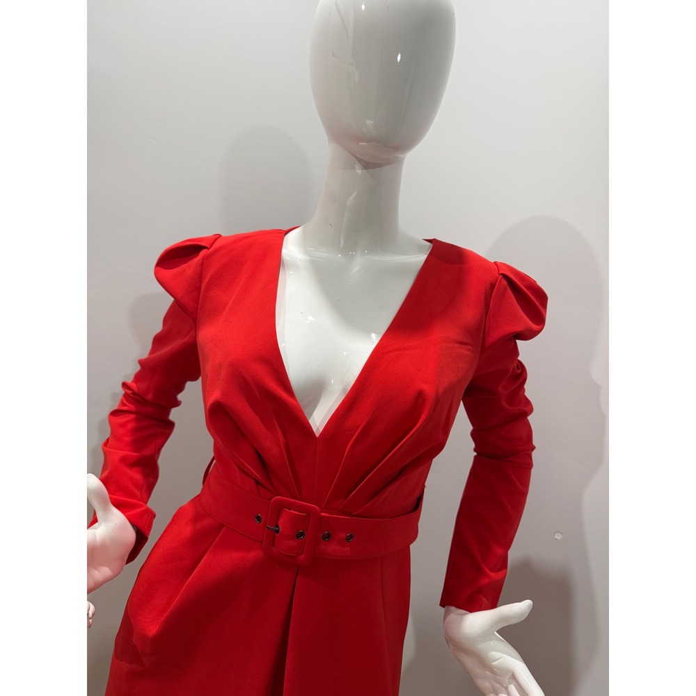 Bardot Red Deep V Neck Puff Sleeve Belted Mini Dress Women's US 6/S NWT - Picture 8 of 12